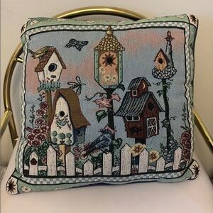 Birdhouse tapestry pillow